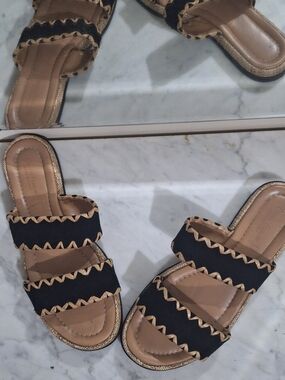 Black and Tan Double Strap Slide Sandal